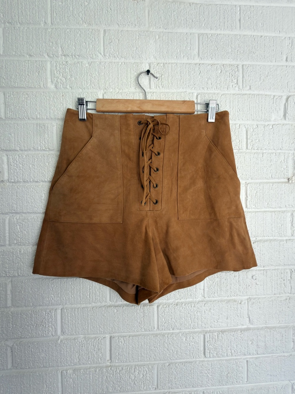 High-Waist Lace-Up Women's Suede Shorts in Tan